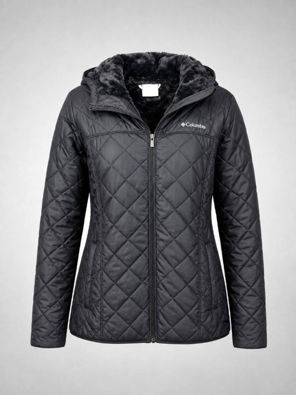 Columbia Womens XL Quilted Jacket Hooded Black Copper Crest Fleece Lined Coat